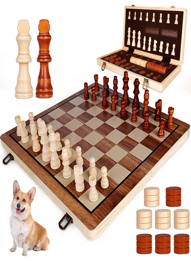Demiwise 15 Inch Wooden Chess Sets,Chess & Checkers Set with 2 Extra Queens,Foldable Wooden Chess Set Board for Adults,Handmade Portable Chess Board Game for Familly Travelling Gift - Image 1